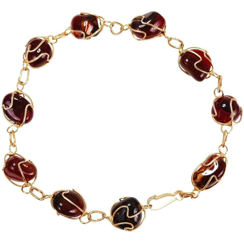 VTG Agate Quartz Gemstone Bracelet 1960s 1970s Artisan Gold Tone Wire Wrapped